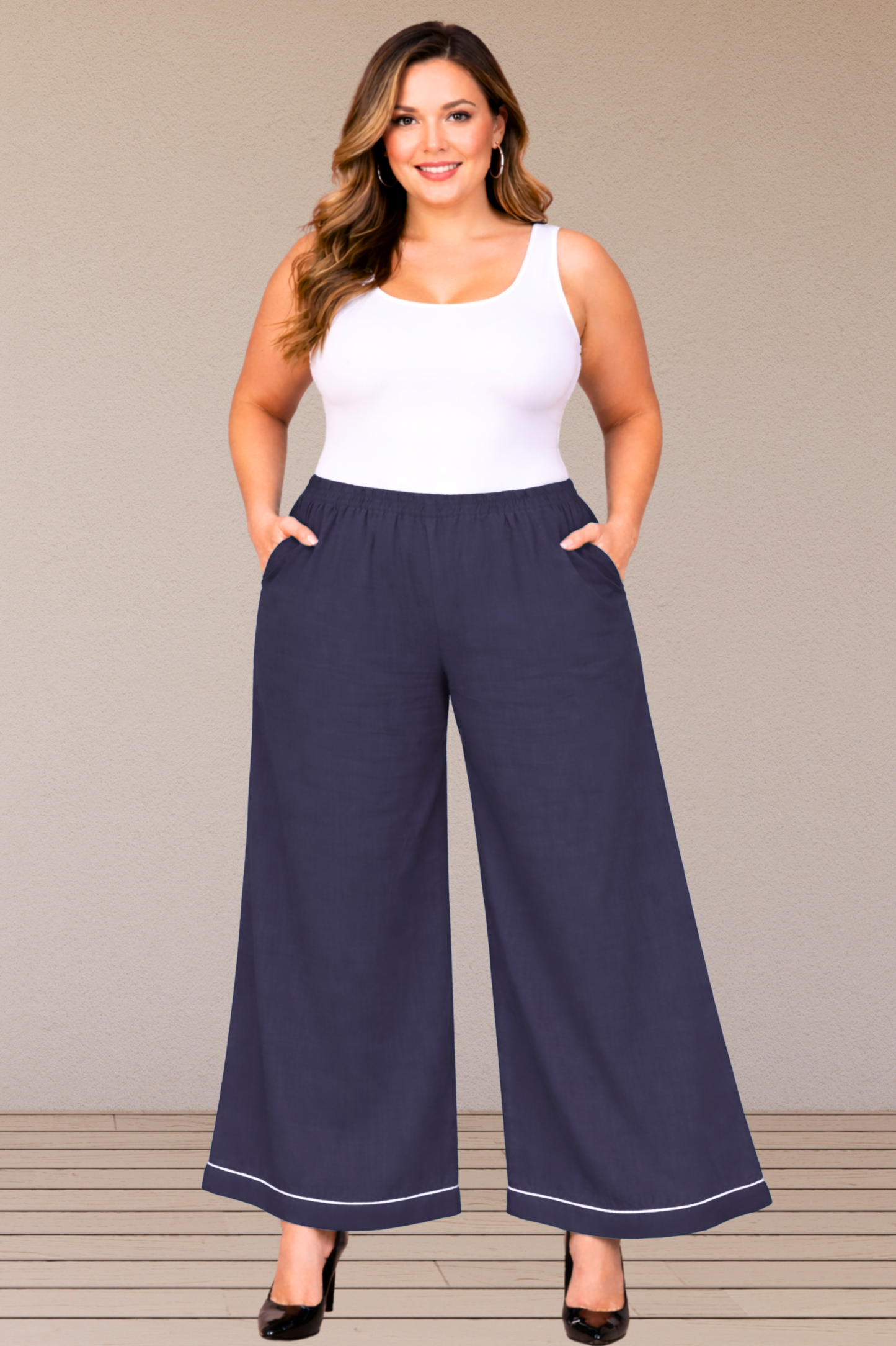 Navy Blue Detailed Hemline Rayon Palazzo