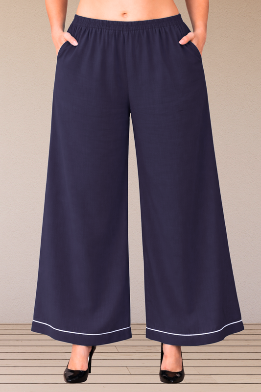 Navy Blue Detailed Hemline Rayon Palazzo