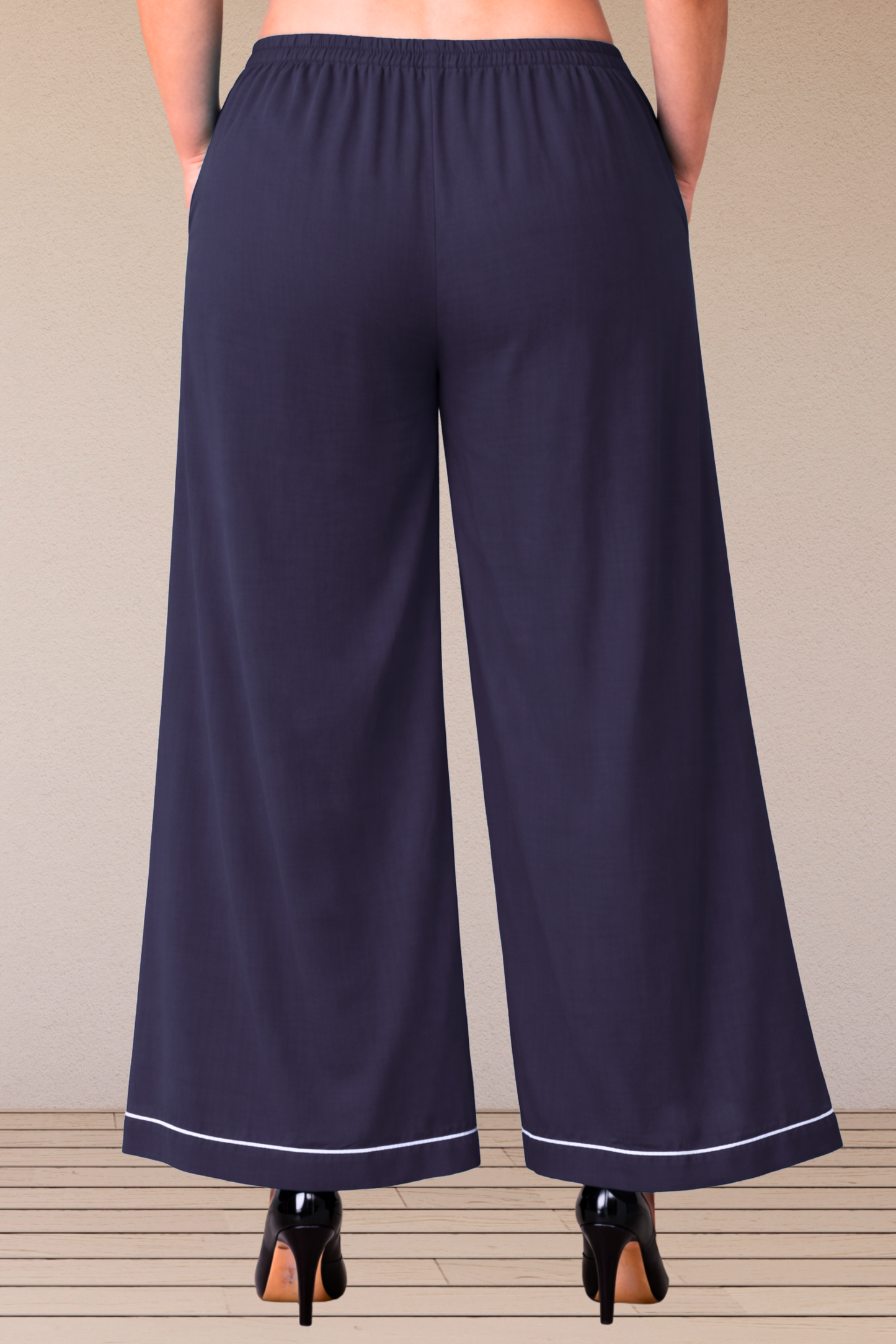 Navy Blue Detailed Hemline Rayon Palazzo