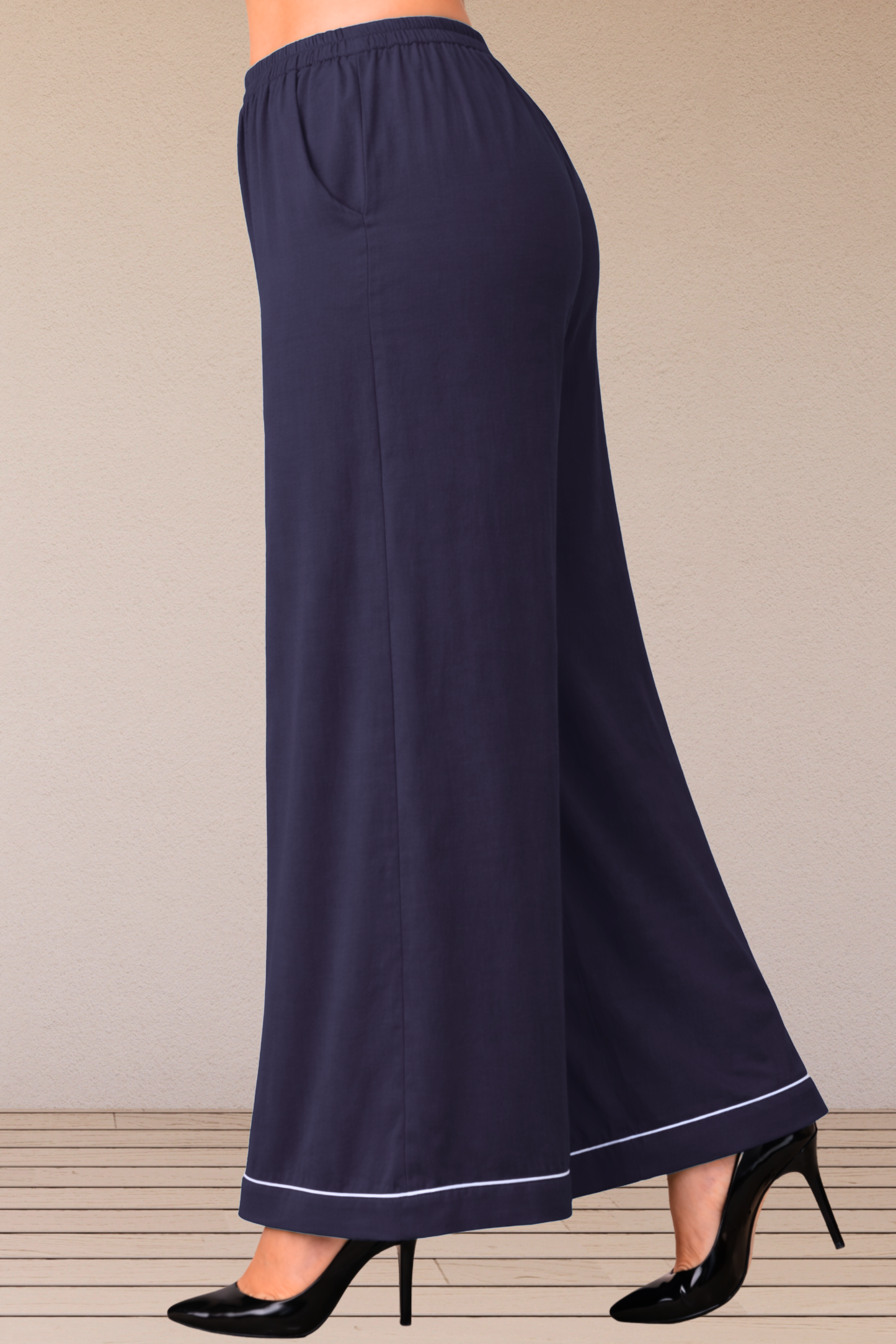 Navy Blue Detailed Hemline Rayon Palazzo