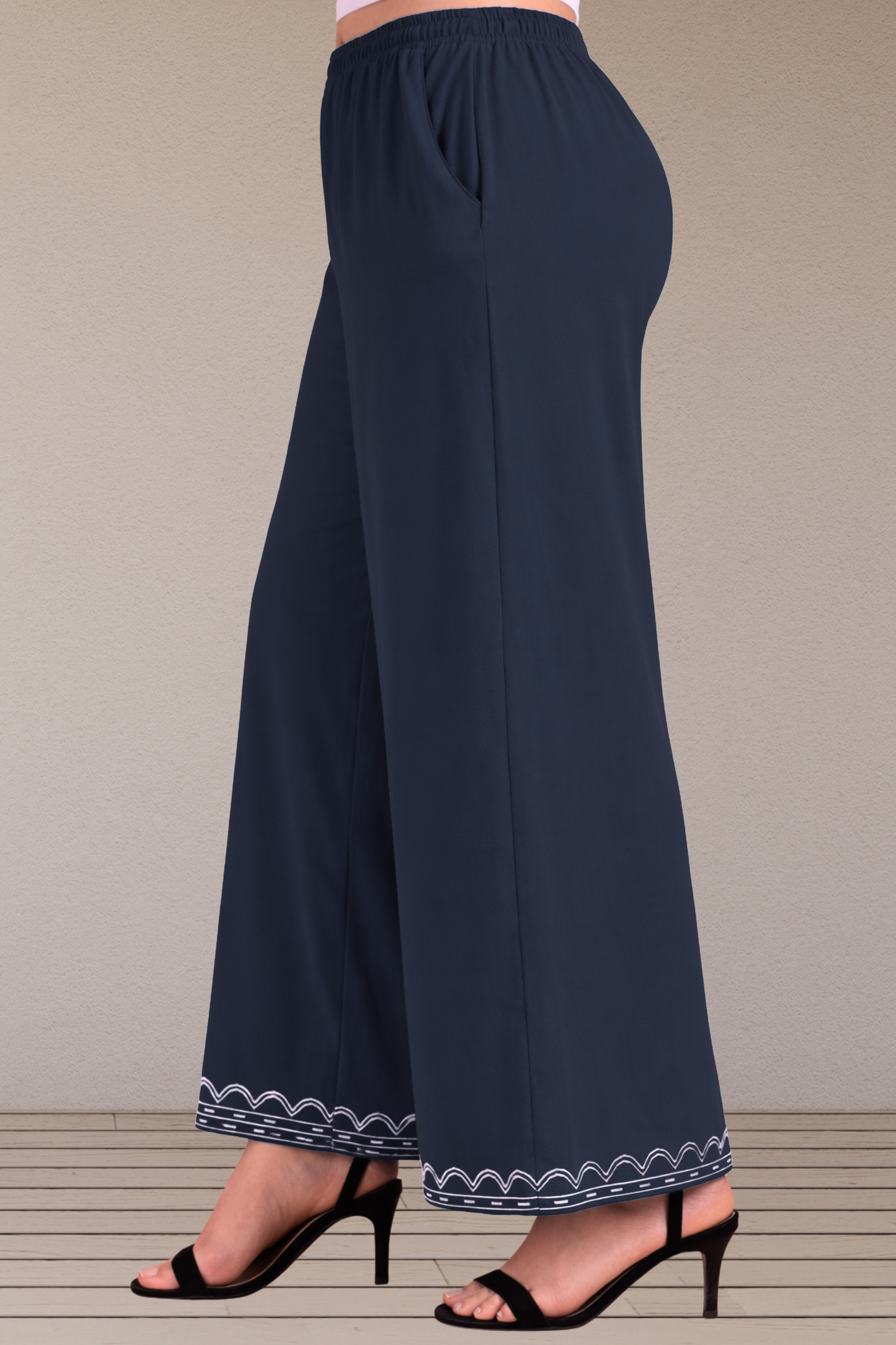 Navy Blue Embroidered Rayon Palazzo
