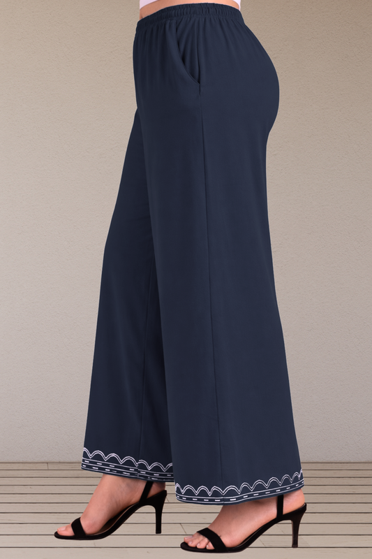 Navy Blue Embroidered Rayon Palazzo
