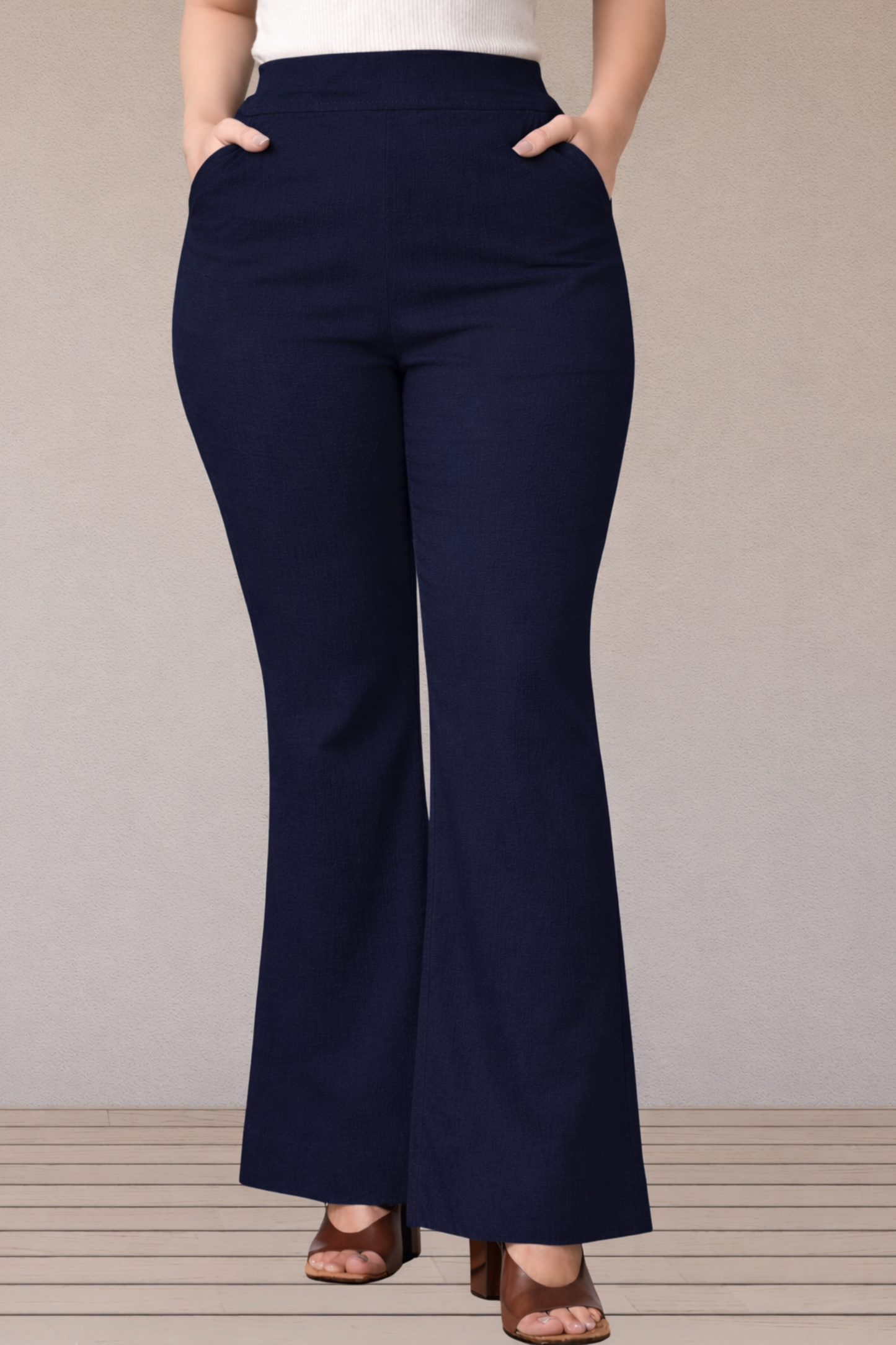 Navy Blue Flared Slub Pants