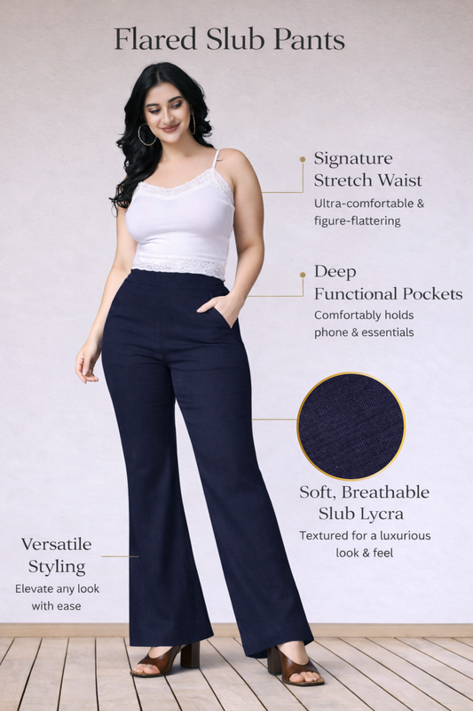 Navy Blue Flared Slub Pants