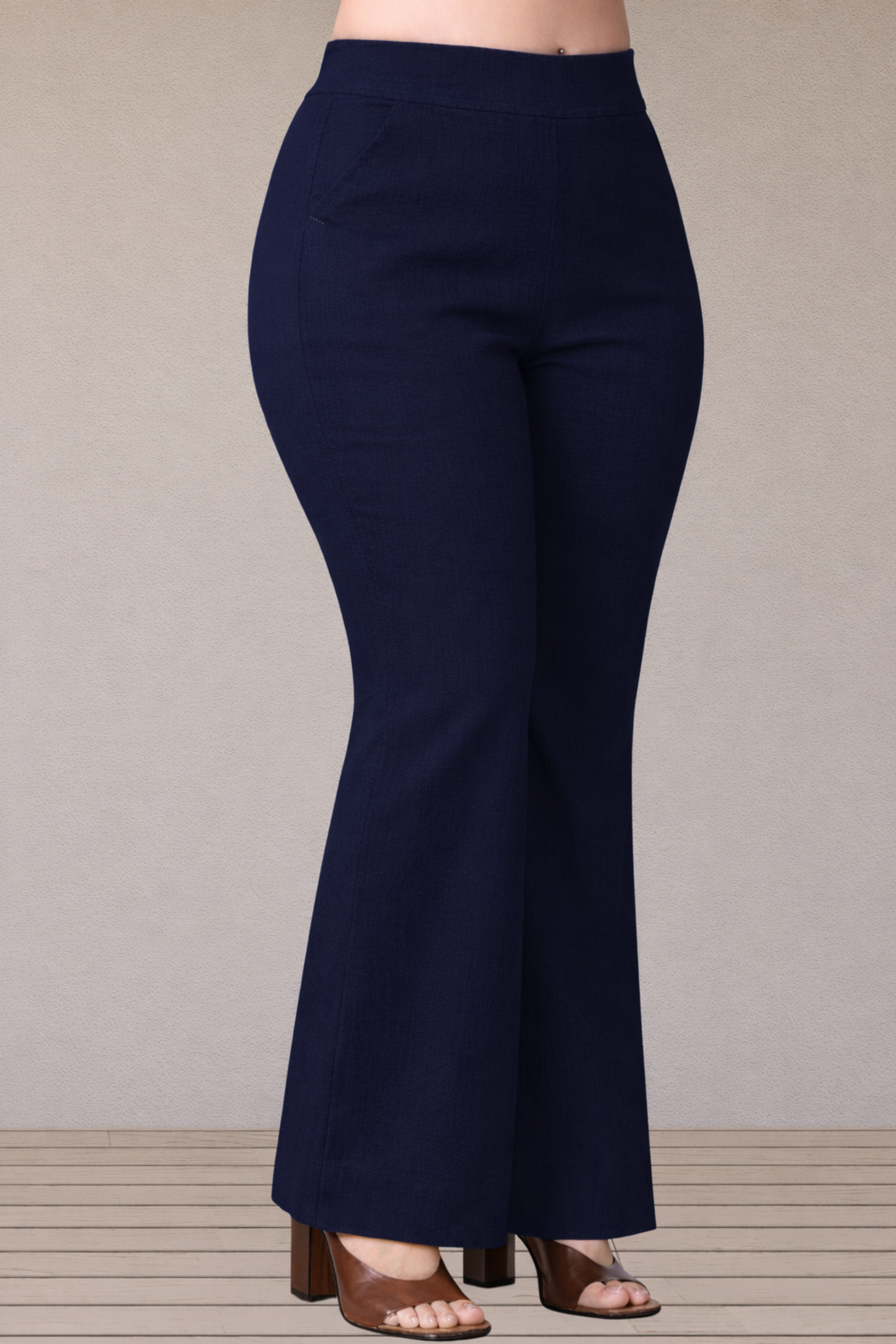 Navy Blue Flared Slub Pants