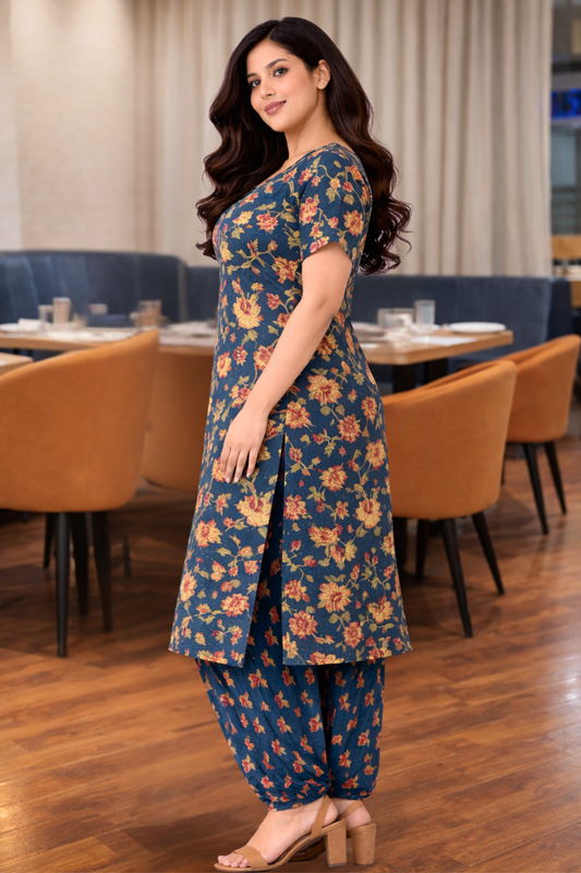 Navy Blue Printed Cotton Kurta set