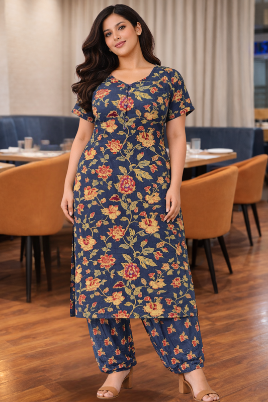 Navy Blue Printed Cotton Kurta set