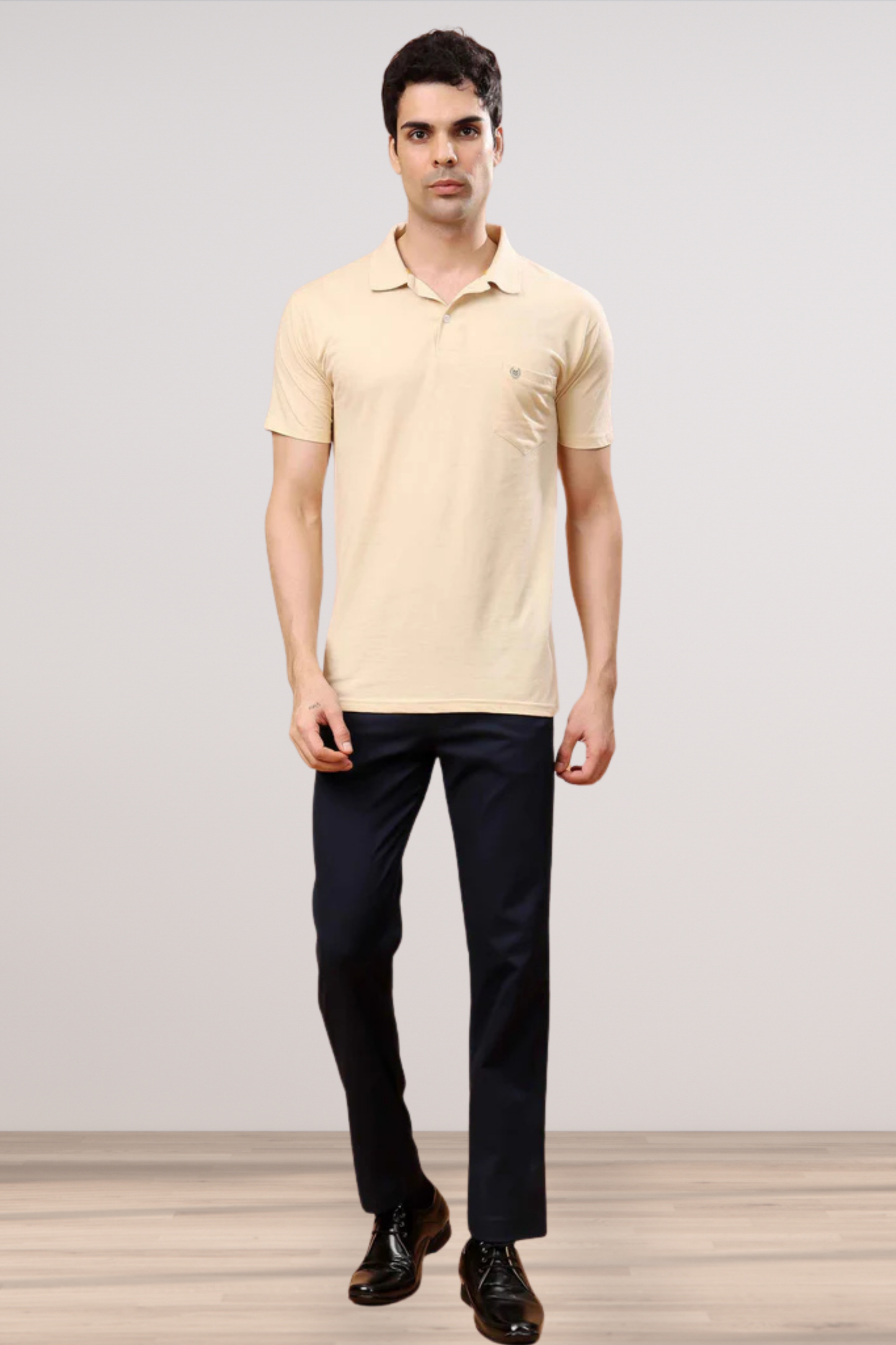 Navy Blue Textured Stretch Trousers