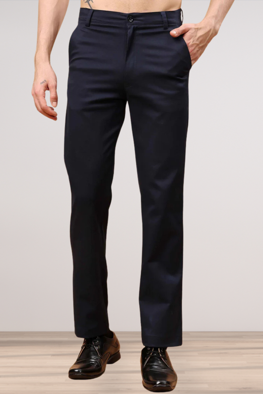 Navy Blue Textured Stretch Trousers