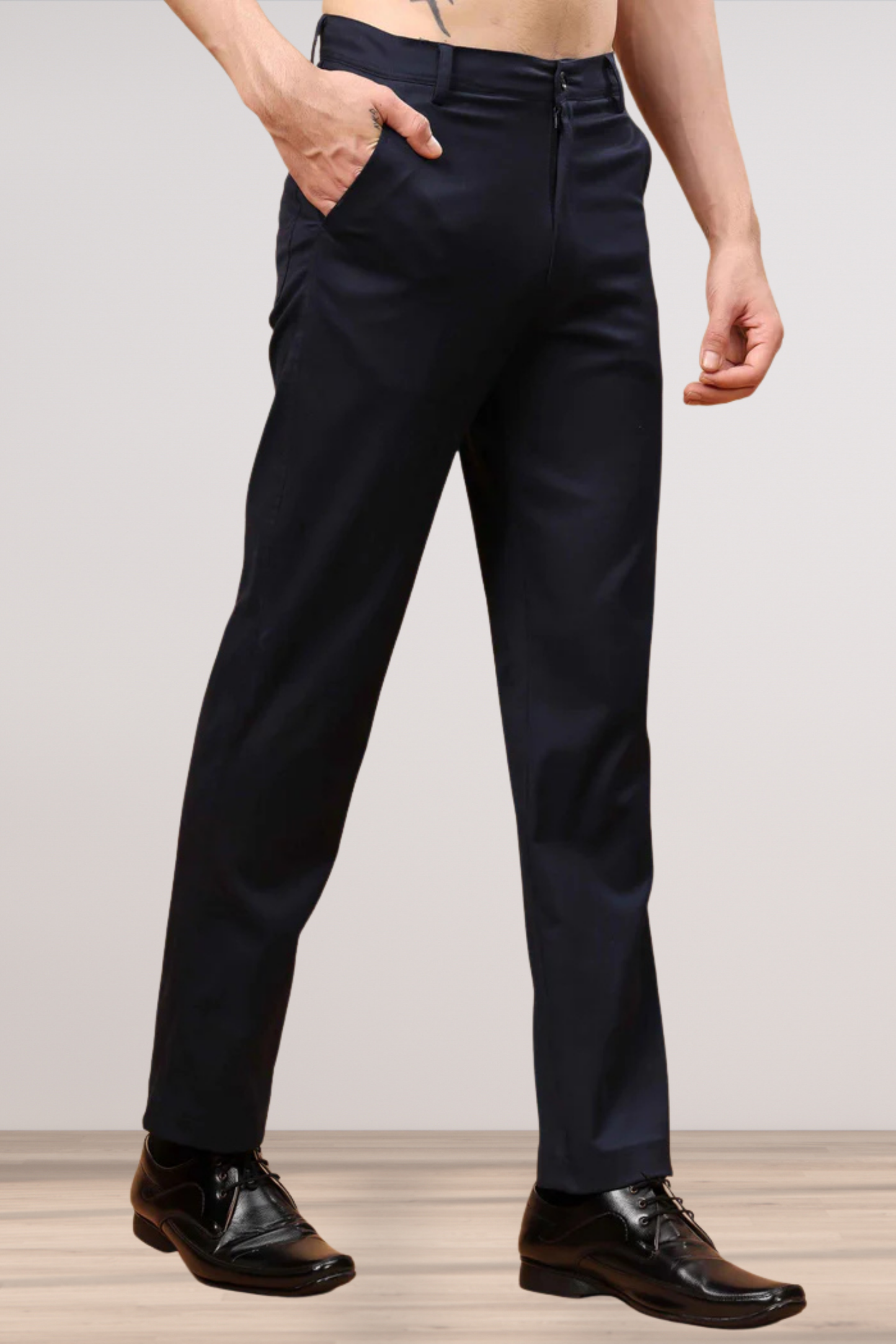Navy Blue Textured Stretch Trousers