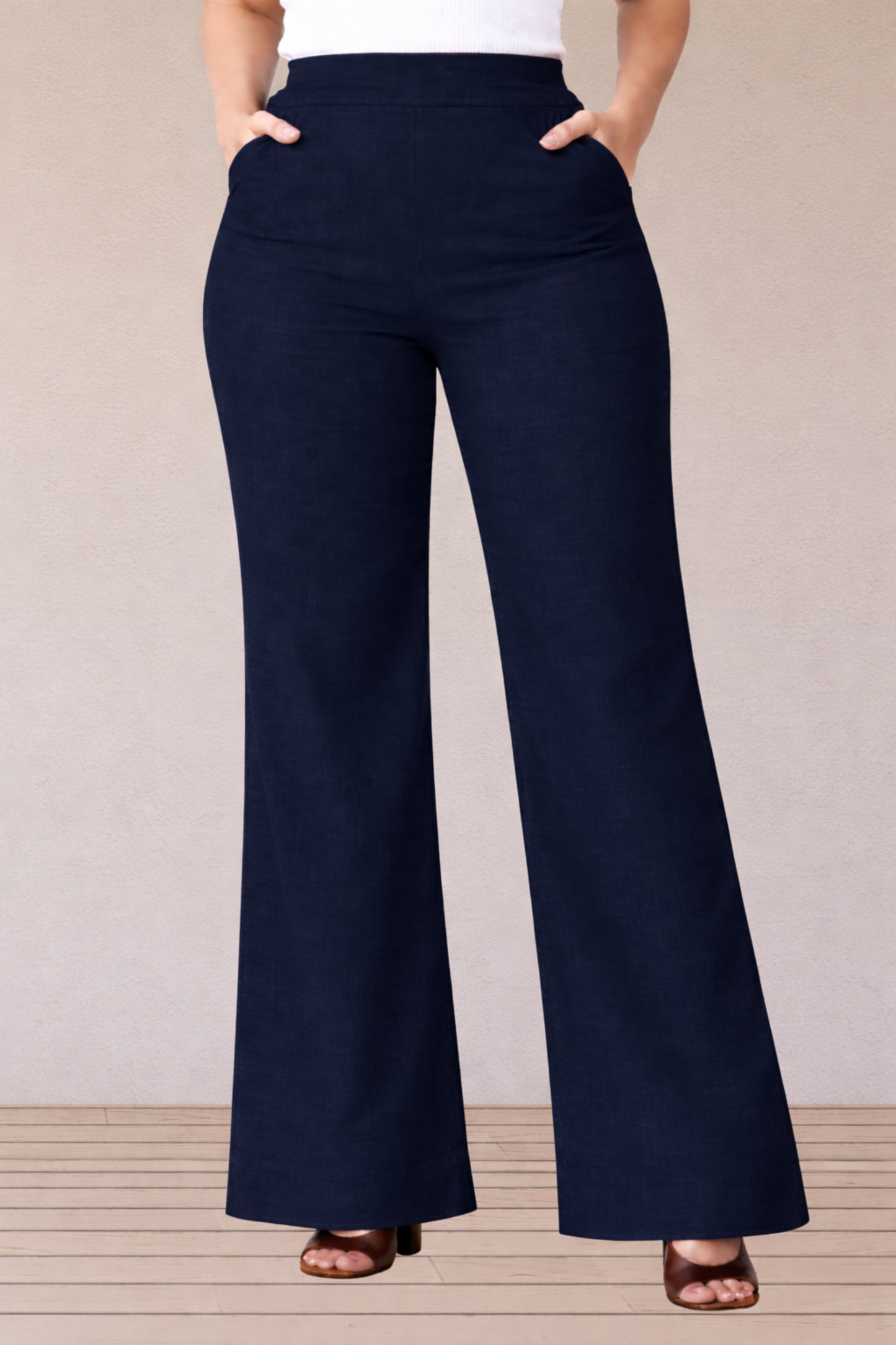 Navy Blue Wide Leg Slub Pants
