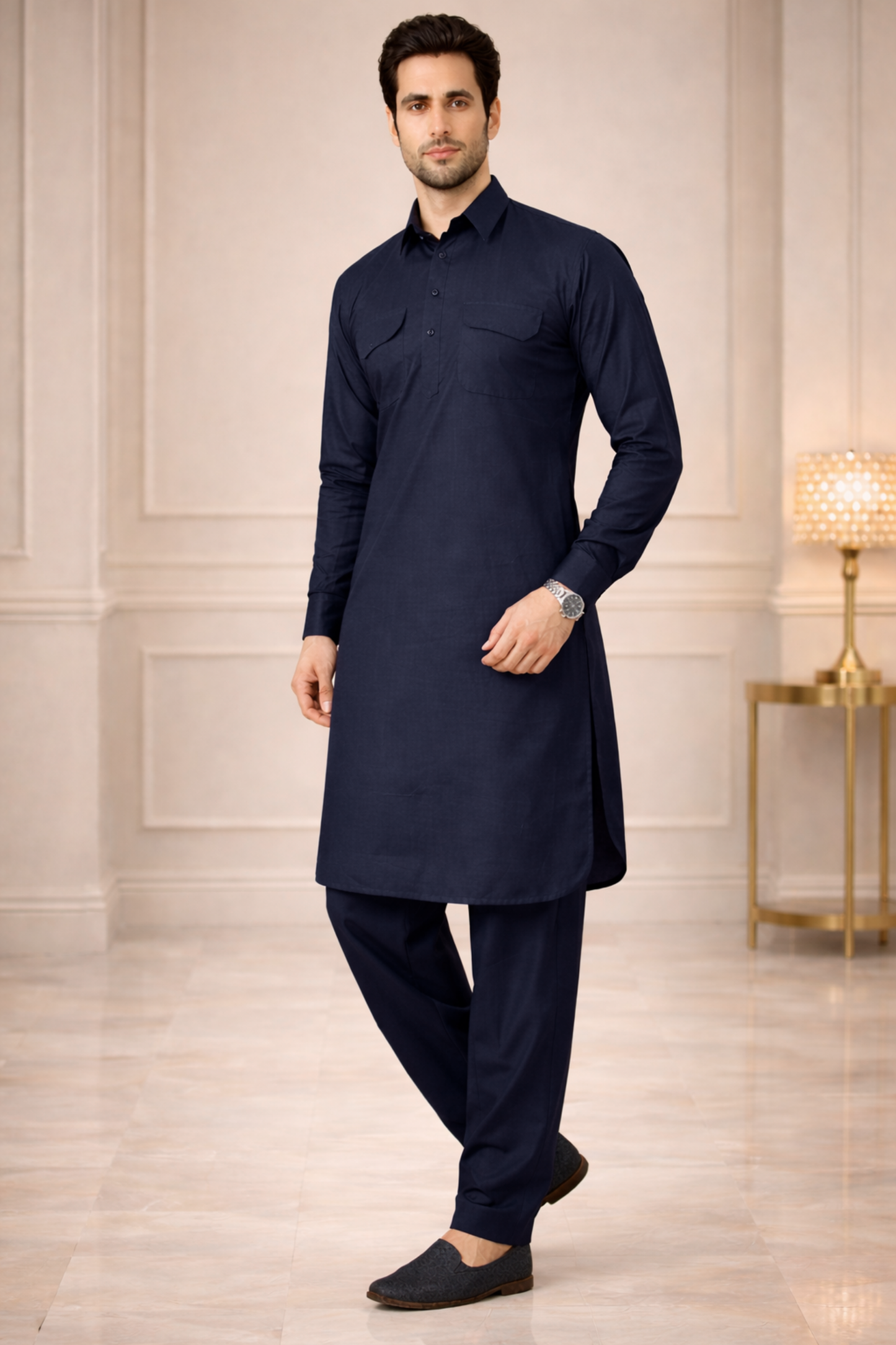 Midnight Navy Cotton Pathani Suit
