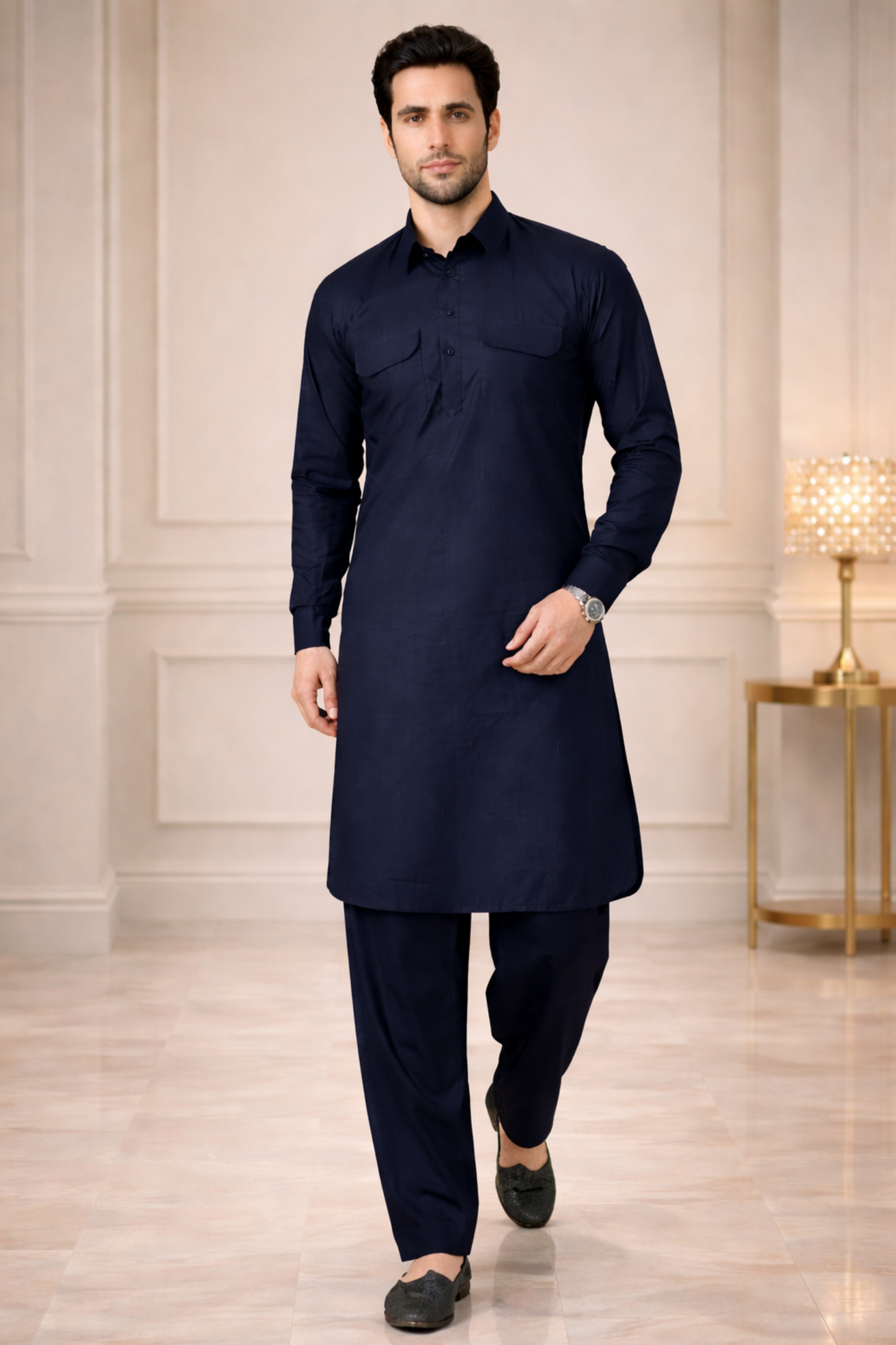 Midnight Navy Cotton Pathani Suit