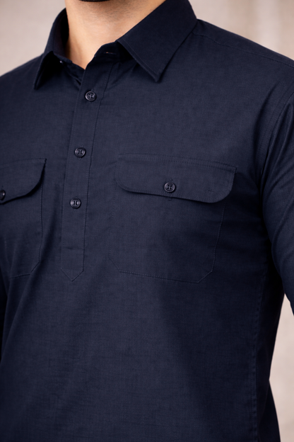 Midnight Navy Cotton Pathani Suit