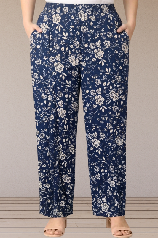 Navy Floral Printed Cotton Pants