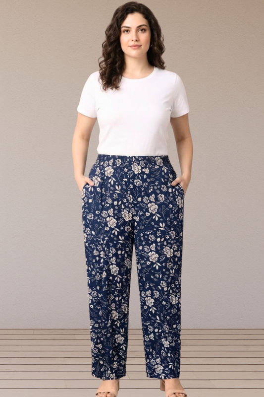 Navy Floral Printed Cotton Pants
