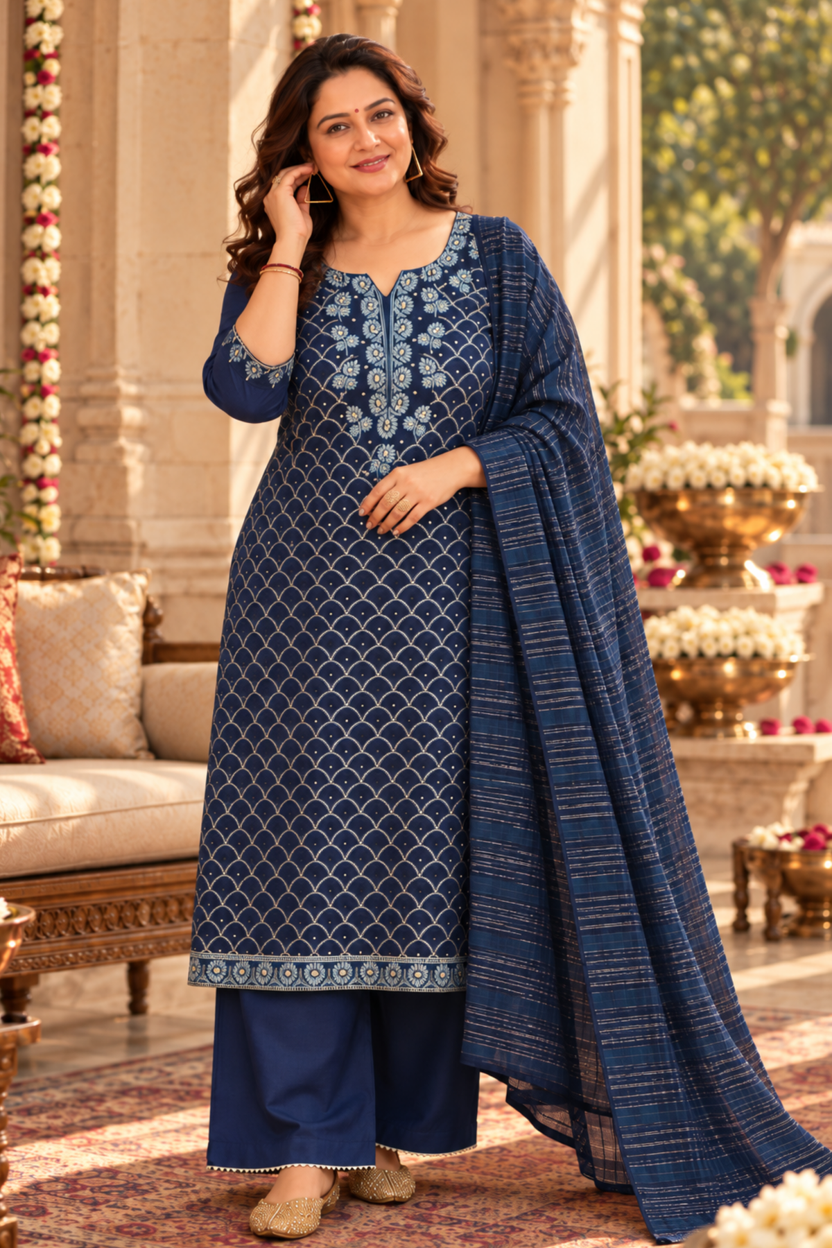 Navy Cascade Organza Suit Set