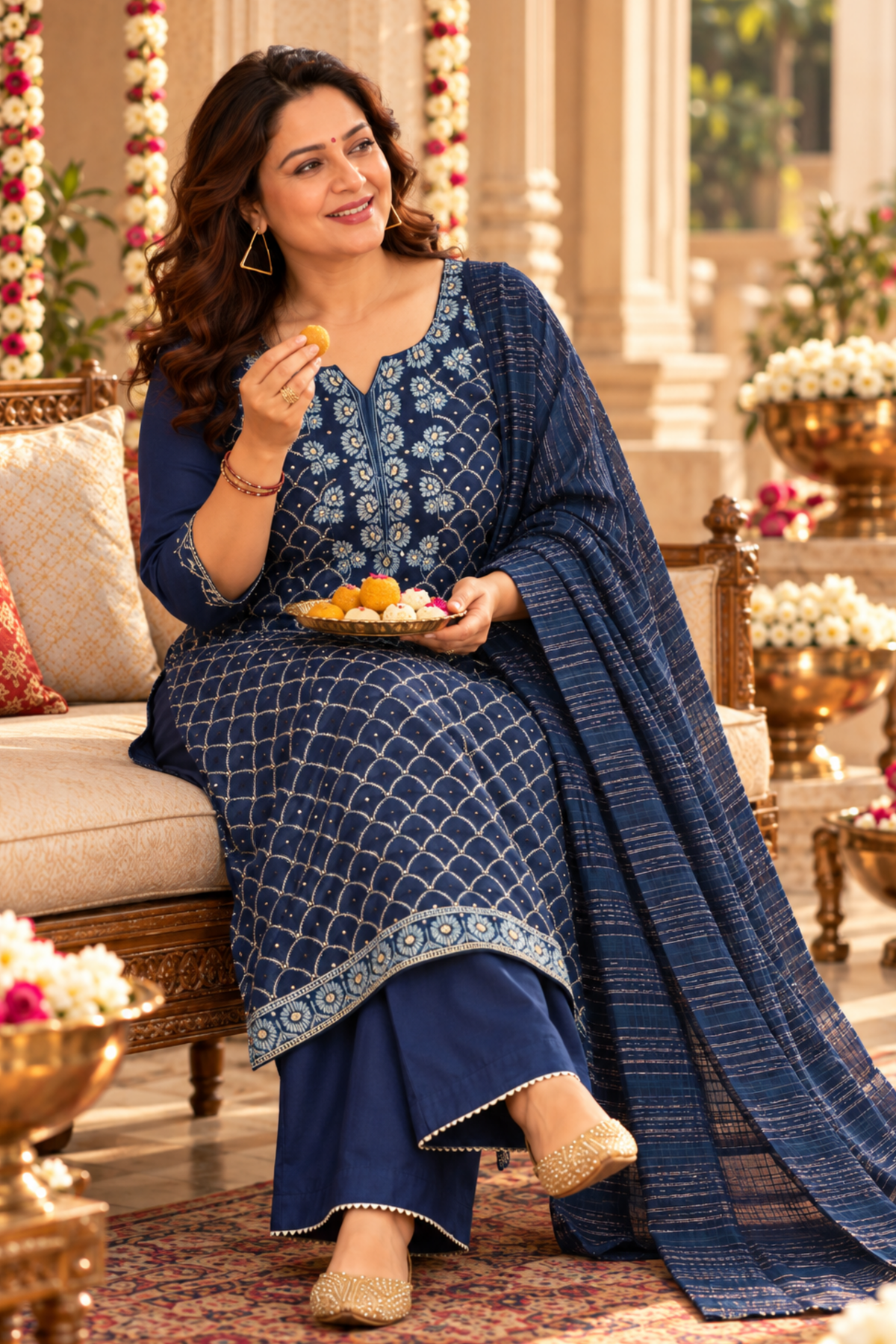 Navy Cascade Organza Suit Set