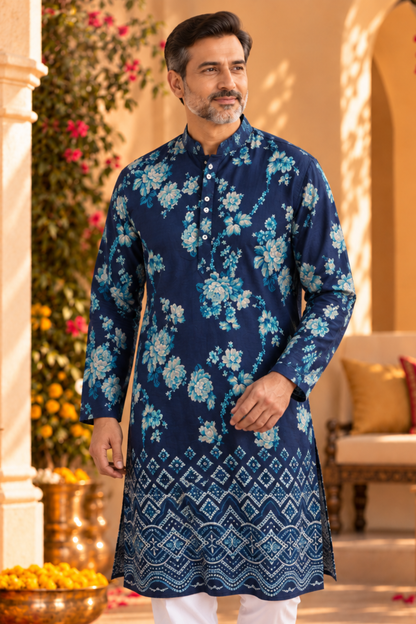 Wild Indigo Foiled Rayon Kurta