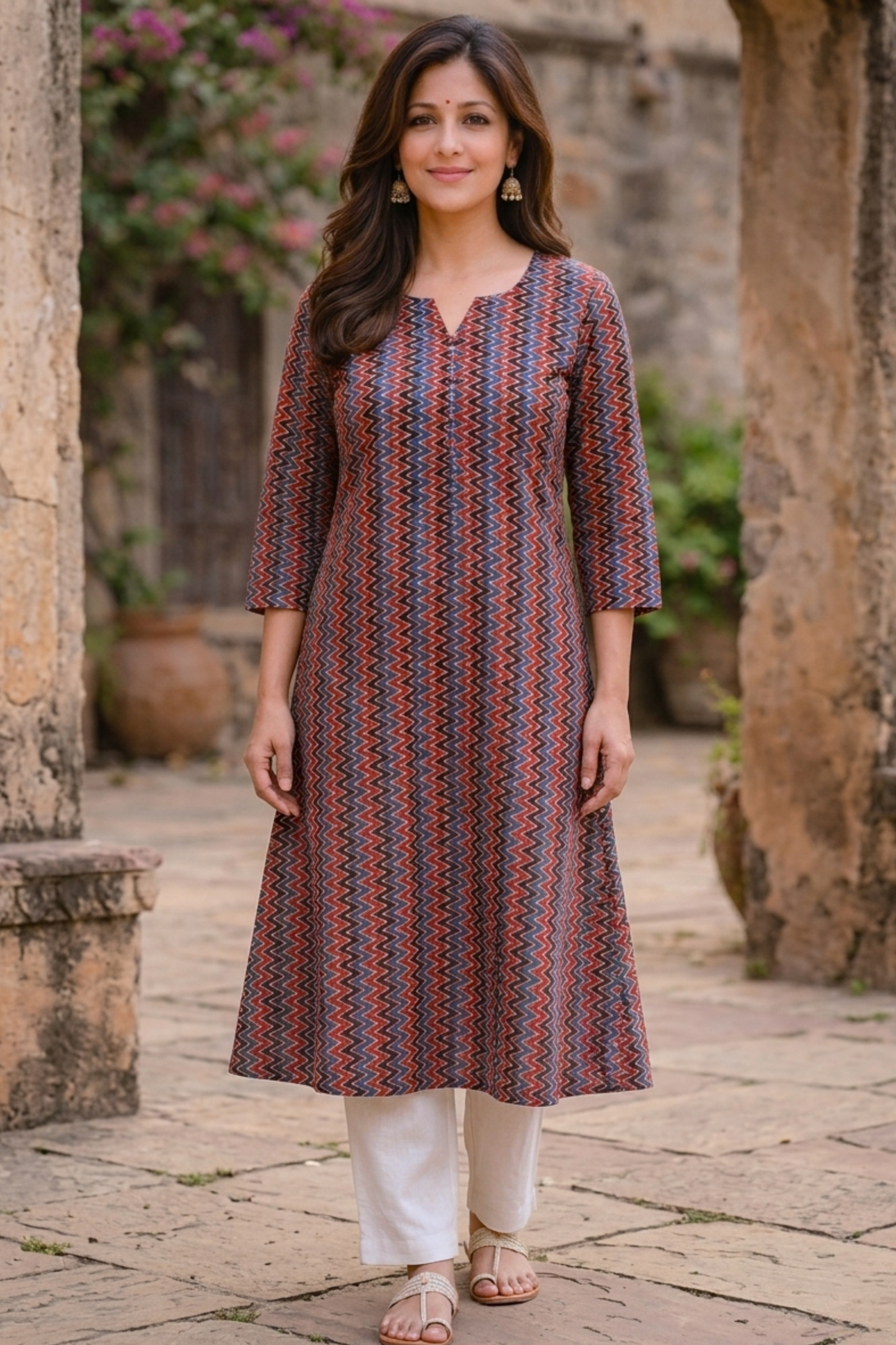 Maroon Zigzag Cotton Printed Kurta