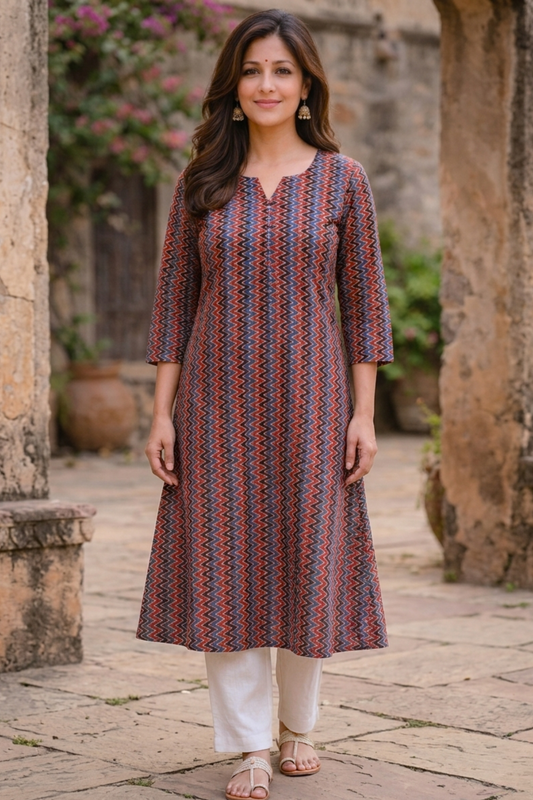 Maroon Zigzag Cotton Printed Kurta