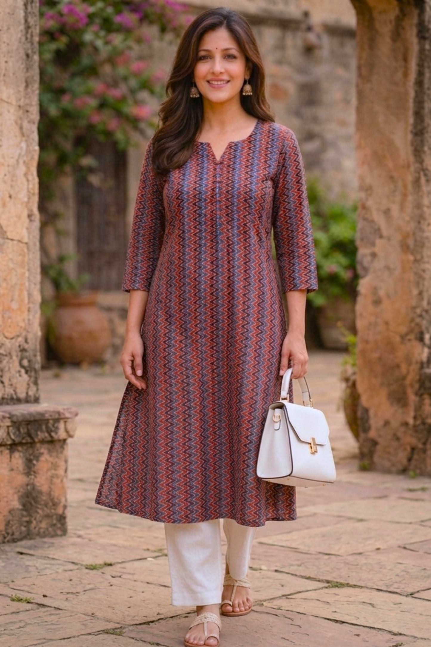 Maroon Zigzag Cotton Printed Kurta