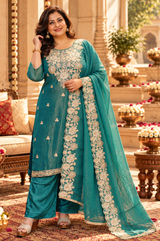 Nivisha Tissue Shimmer Suit With Zari Embroidery