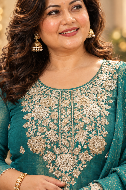 Nivisha Tissue Shimmer Suit With Zari Embroidery