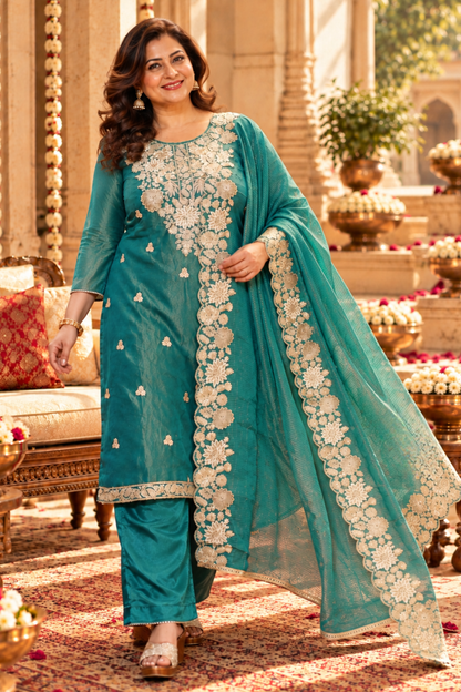Nivisha Tissue Shimmer Suit With Zari Embroidery