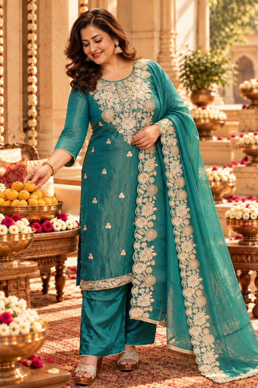 Nivisha Tissue Shimmer Suit With Zari Embroidery