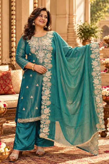 Nivisha Tissue Shimmer Suit With Zari Embroidery
