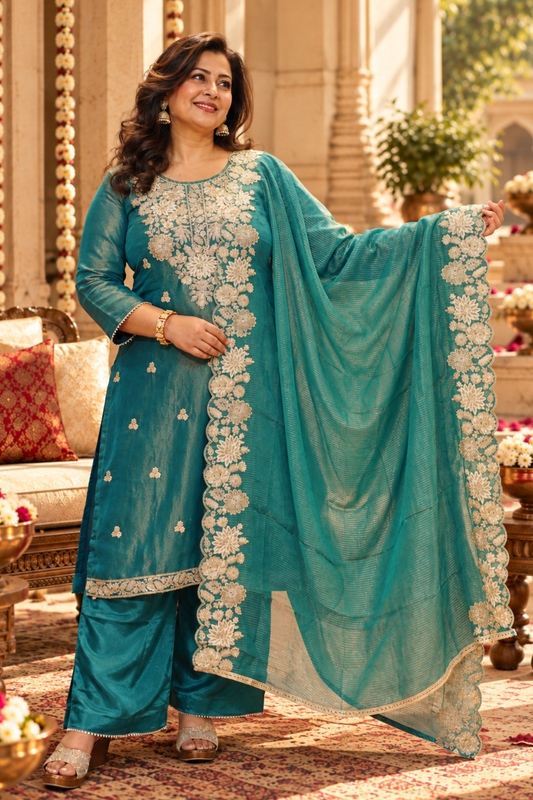 Nivisha Tissue Shimmer Suit With Zari Embroidery