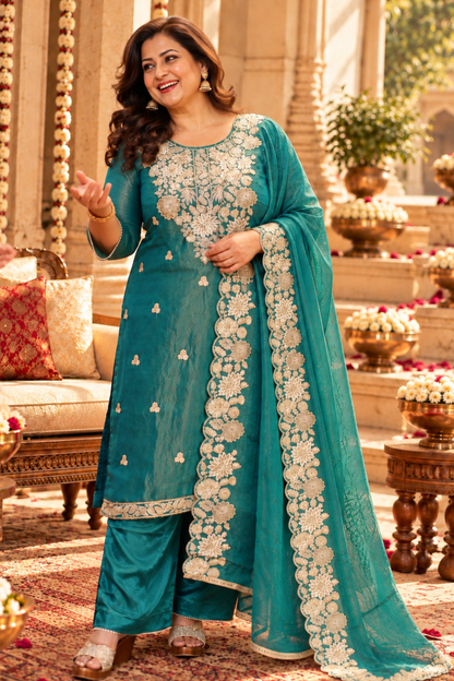 Nivisha Tissue Shimmer Suit With Zari Embroidery