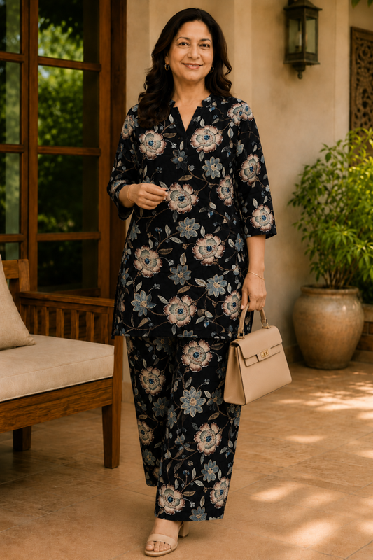 Noir Botanica Floral Rayon Co-ord Set