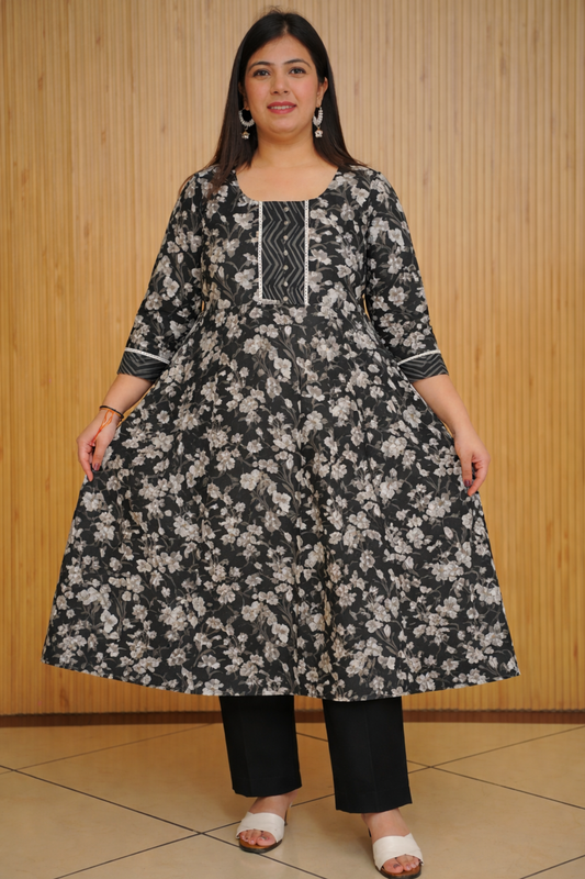 Noir Petals Ajrakh Anarkali Set