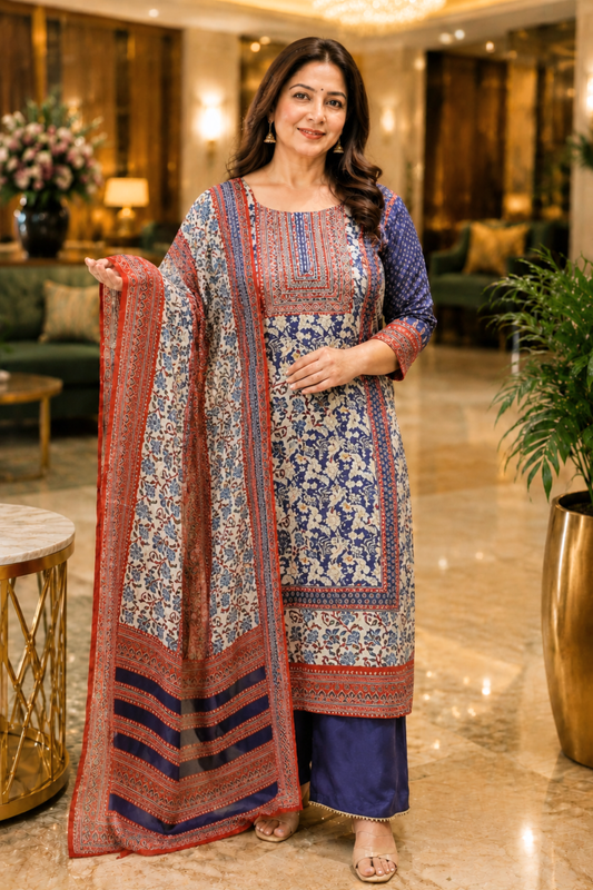 Noori Navy Crepe Suit With Mirror Work