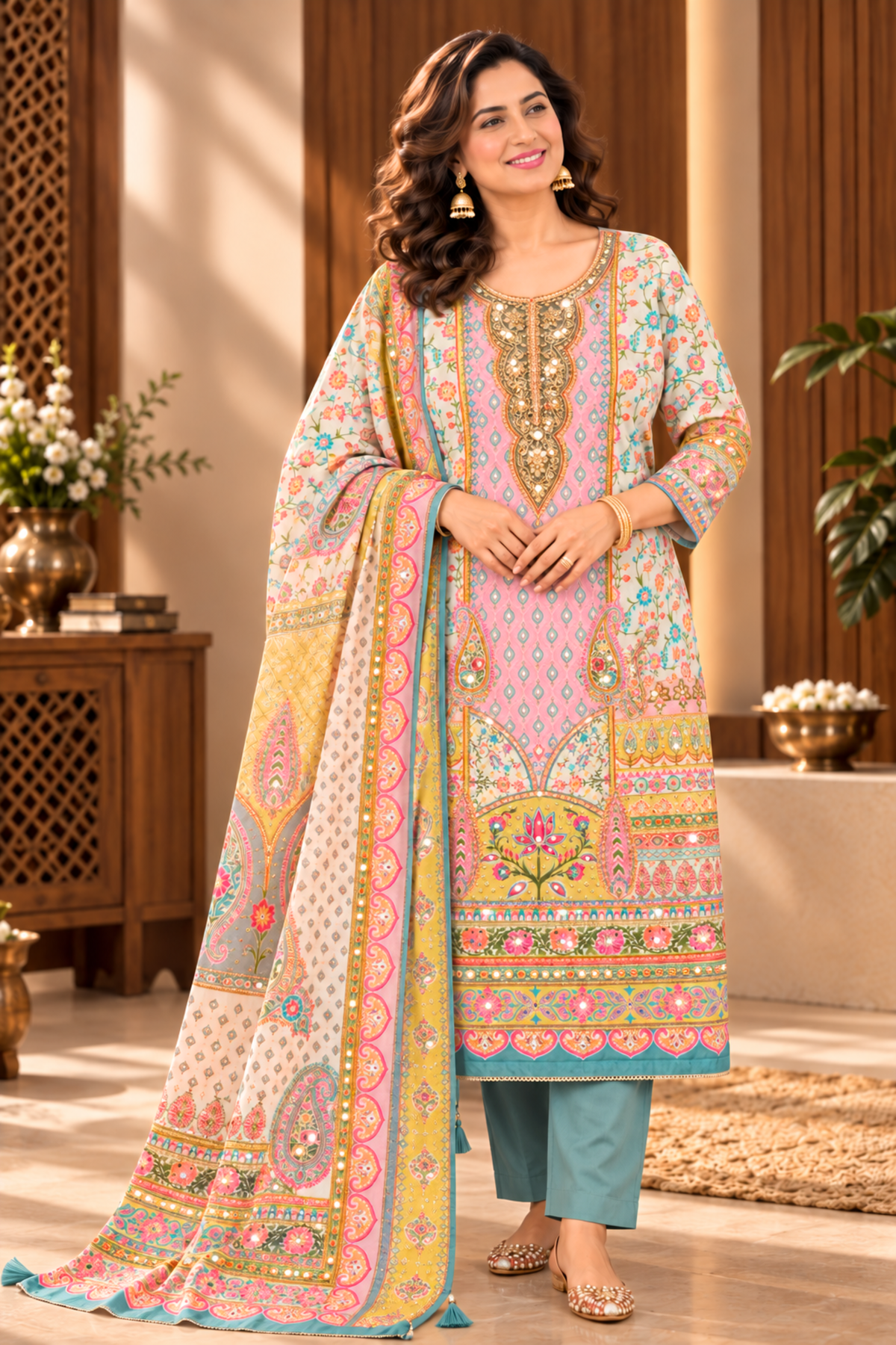 Farheen Karachi Muslin Suit With Mirror Work