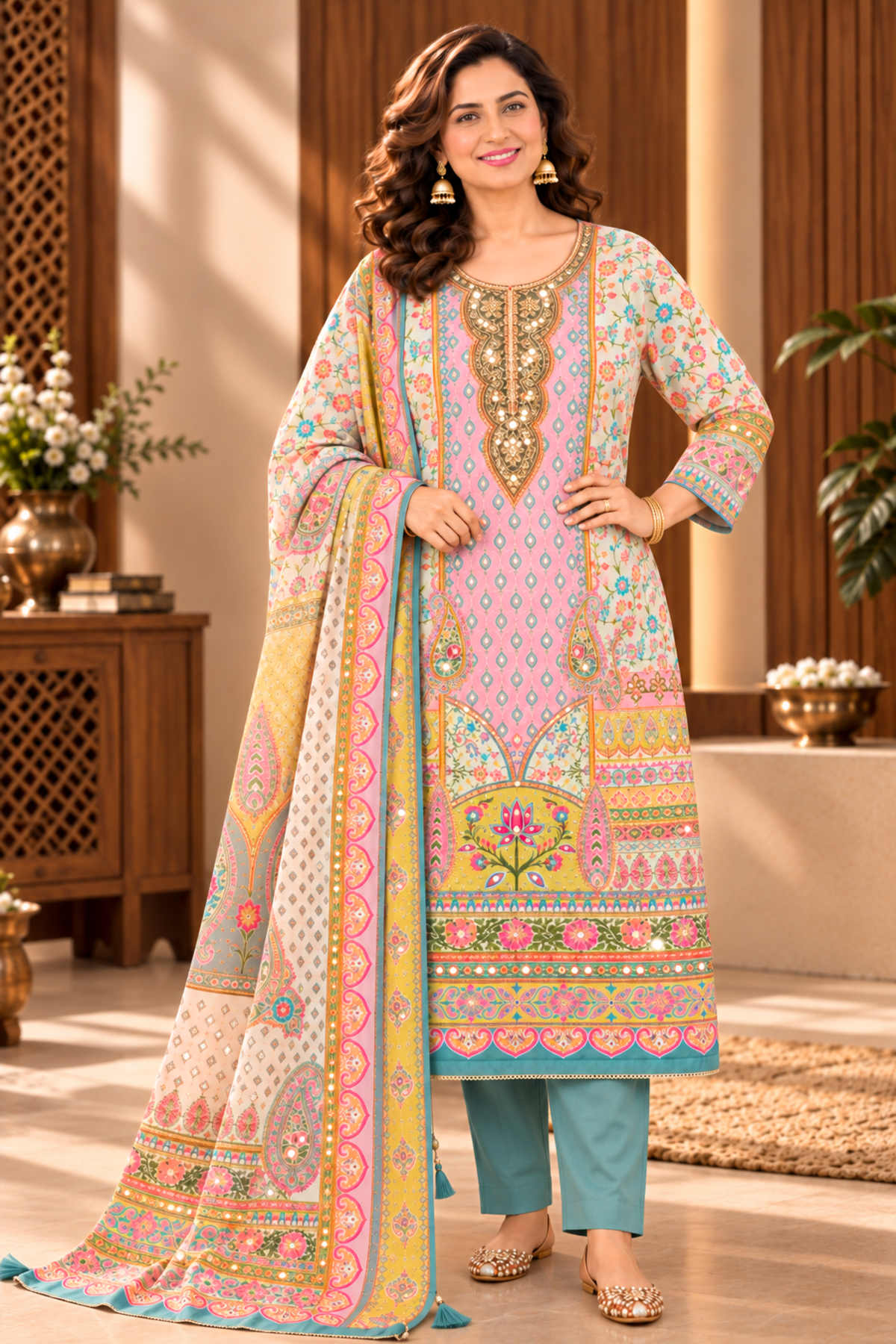Farheen Karachi Muslin Suit With Mirror Work