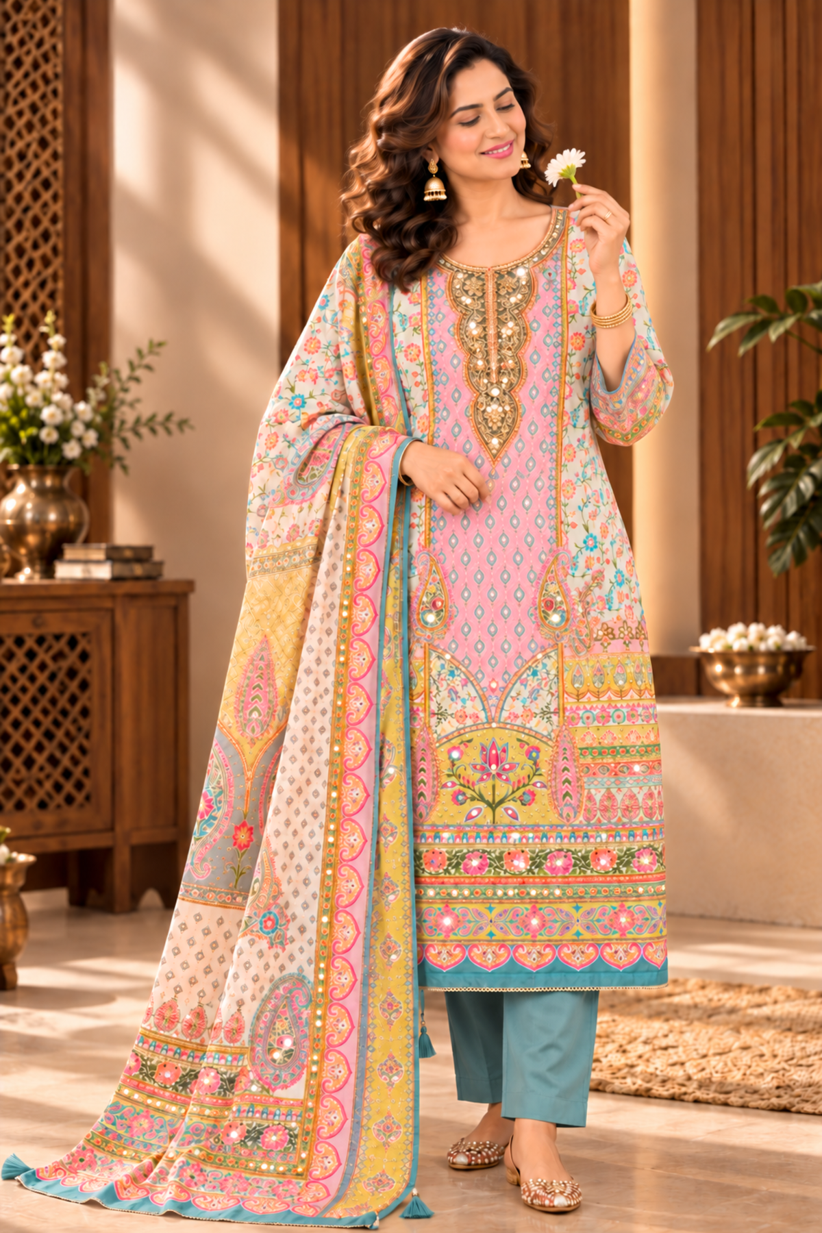 Farheen Karachi Muslin Suit With Mirror Work