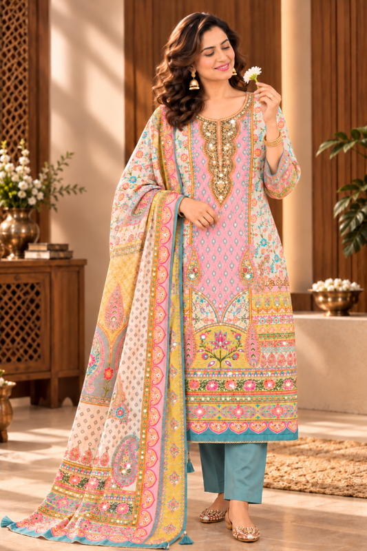 Farheen Karachi Muslin Suit With Mirror Work