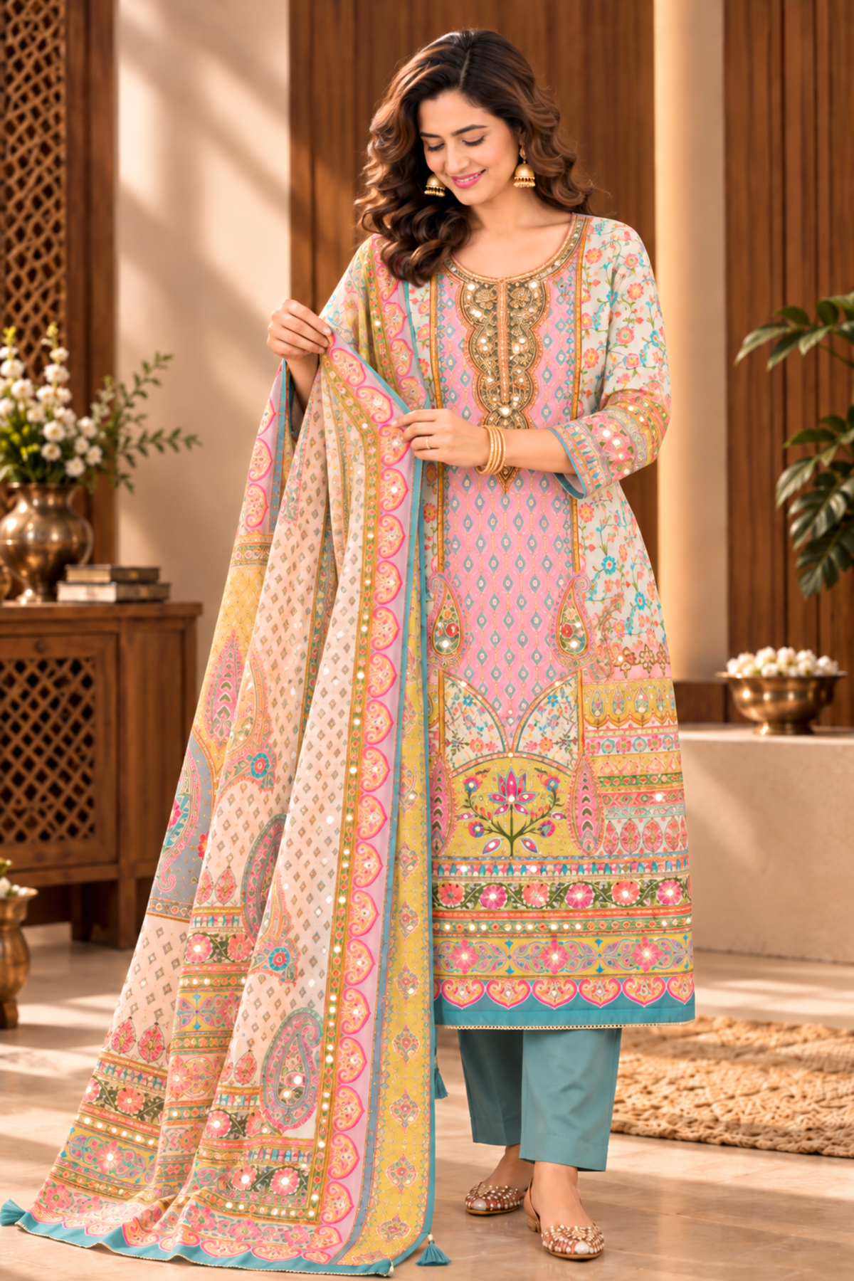 Farheen Karachi Muslin Suit With Mirror Work