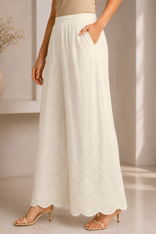 Off White Chikankari Flared Palazzo Pant