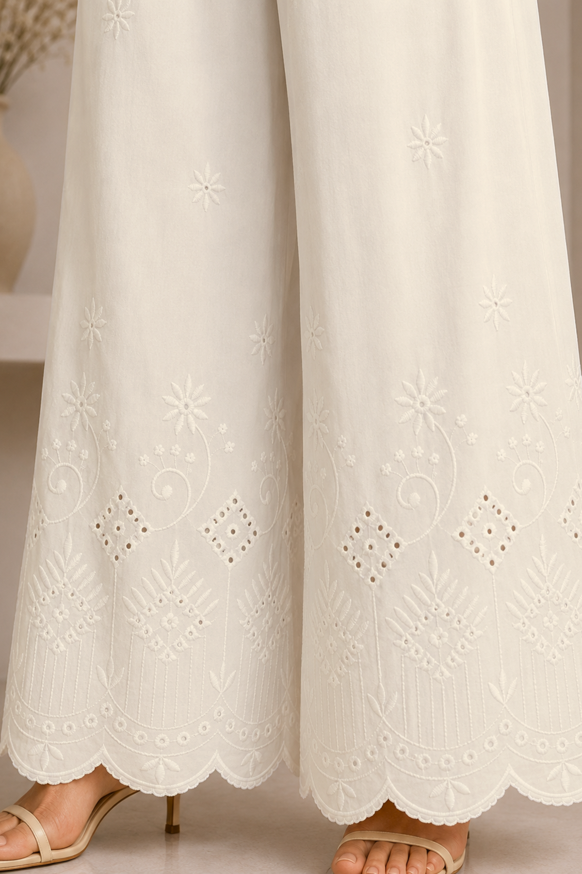 Off White Chikankari Flared Palazzo Pant