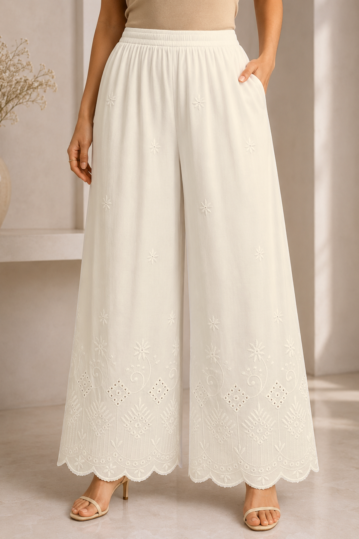 Off White Chikankari Flared Palazzo Pant