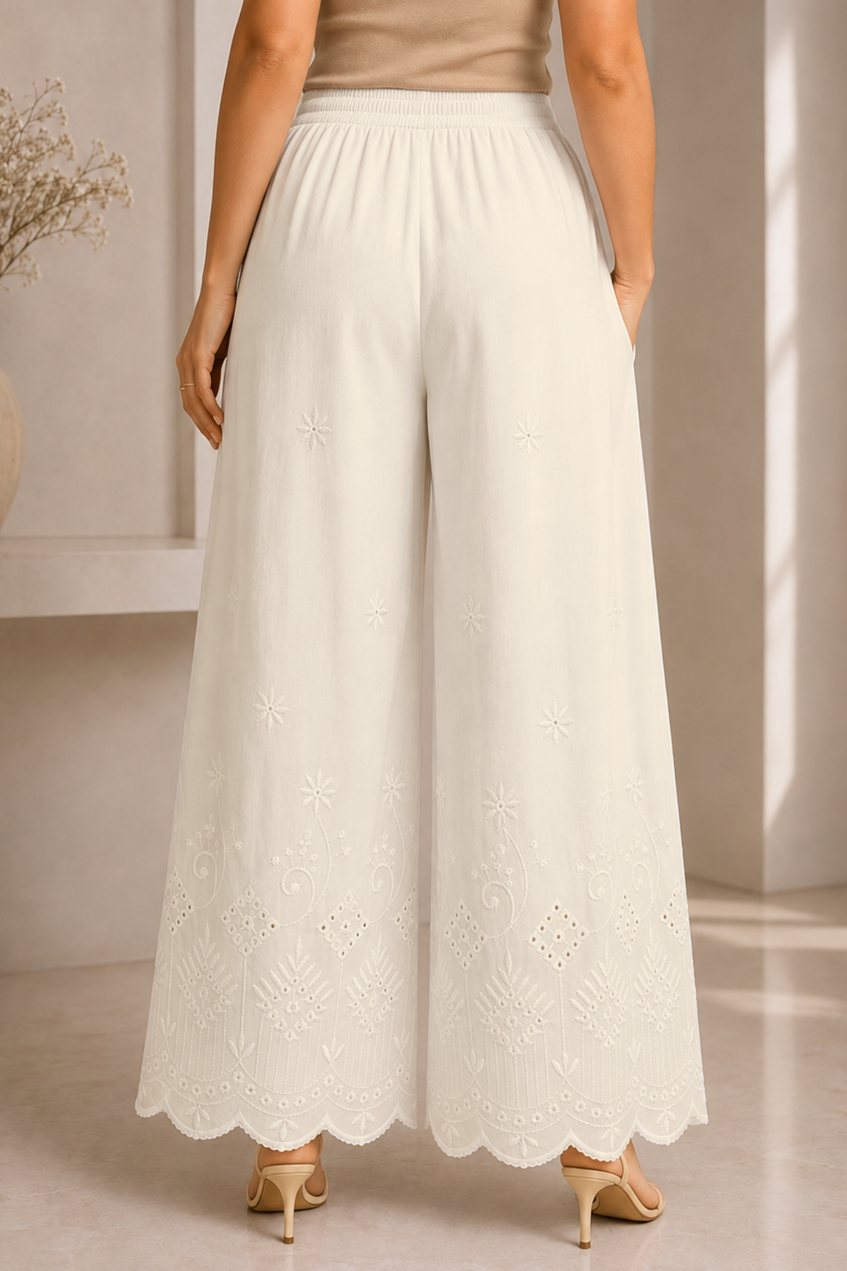 Off White Chikankari Flared Palazzo Pant