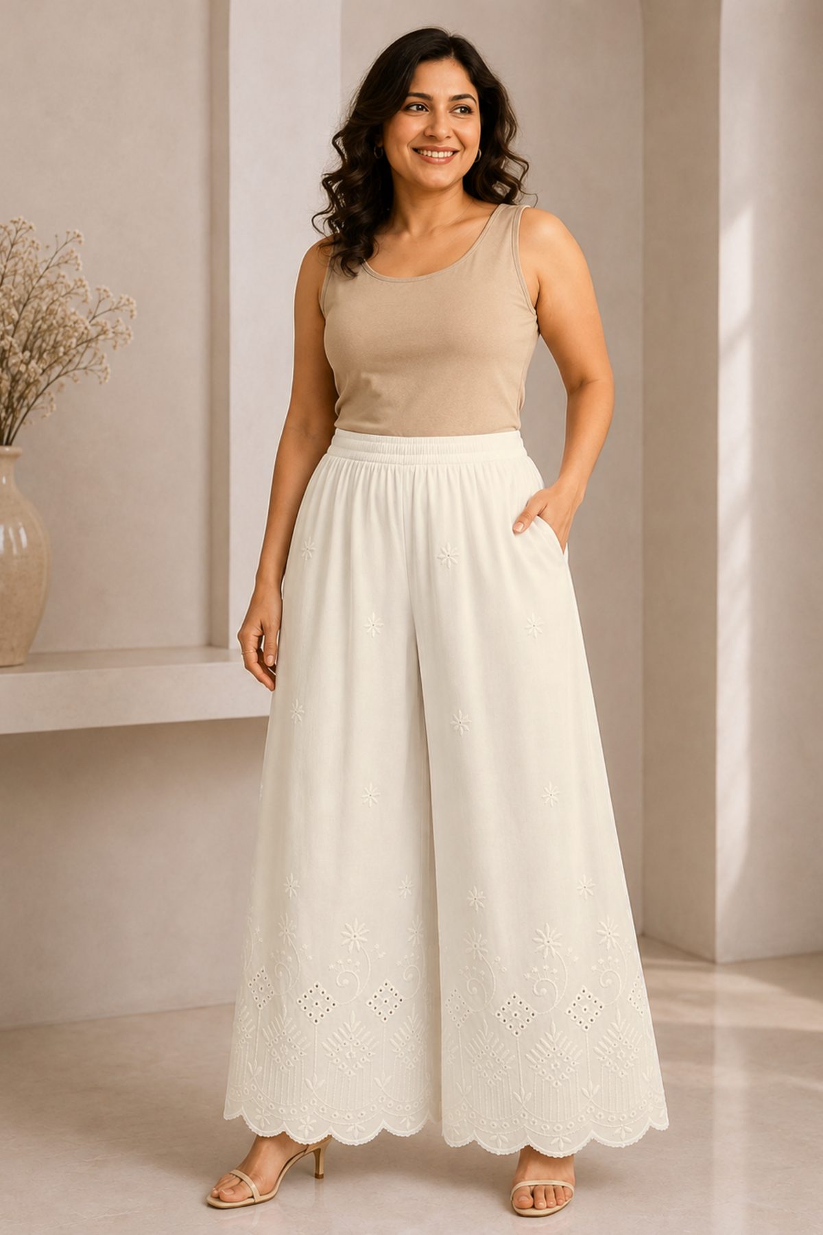Off White Chikankari Flared Palazzo Pant