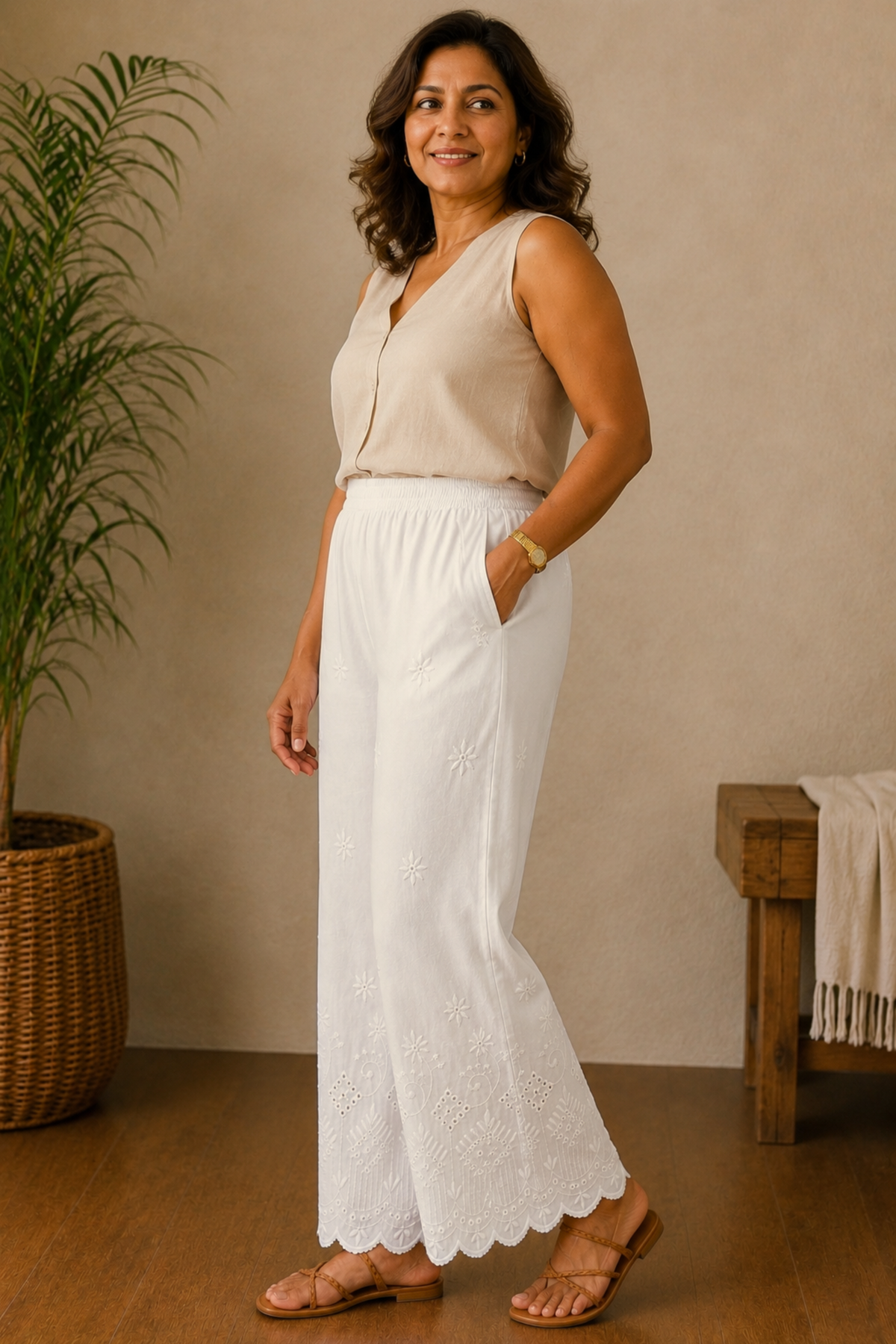 Off White Chikankari Pant Palazzo