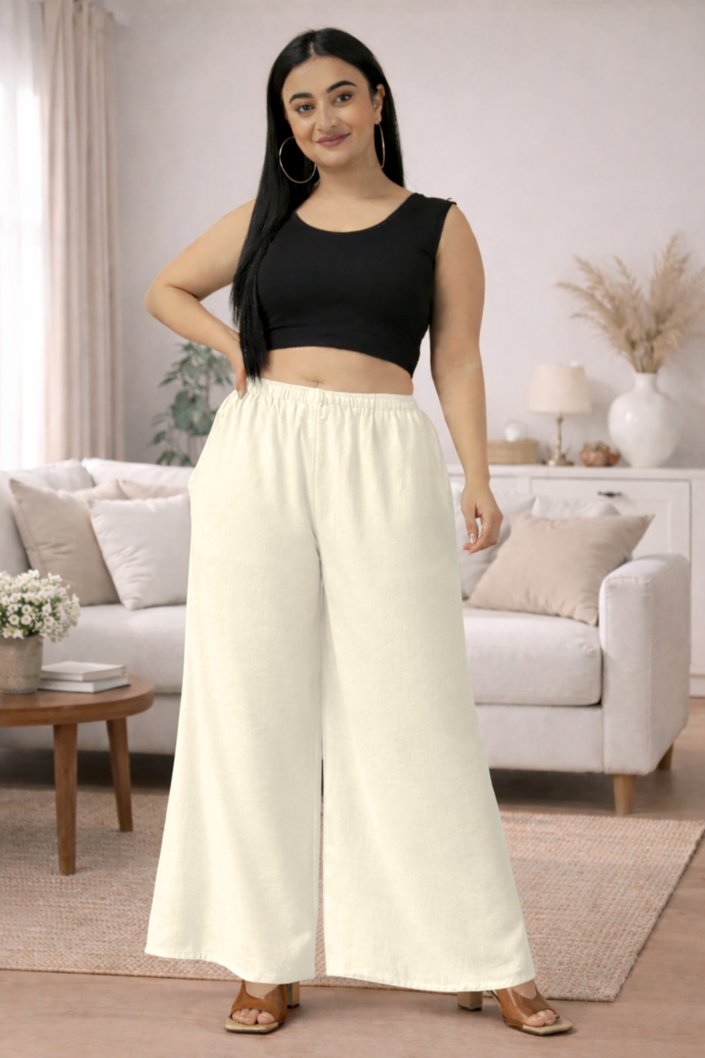 Off White Rayon Loose Palazzo