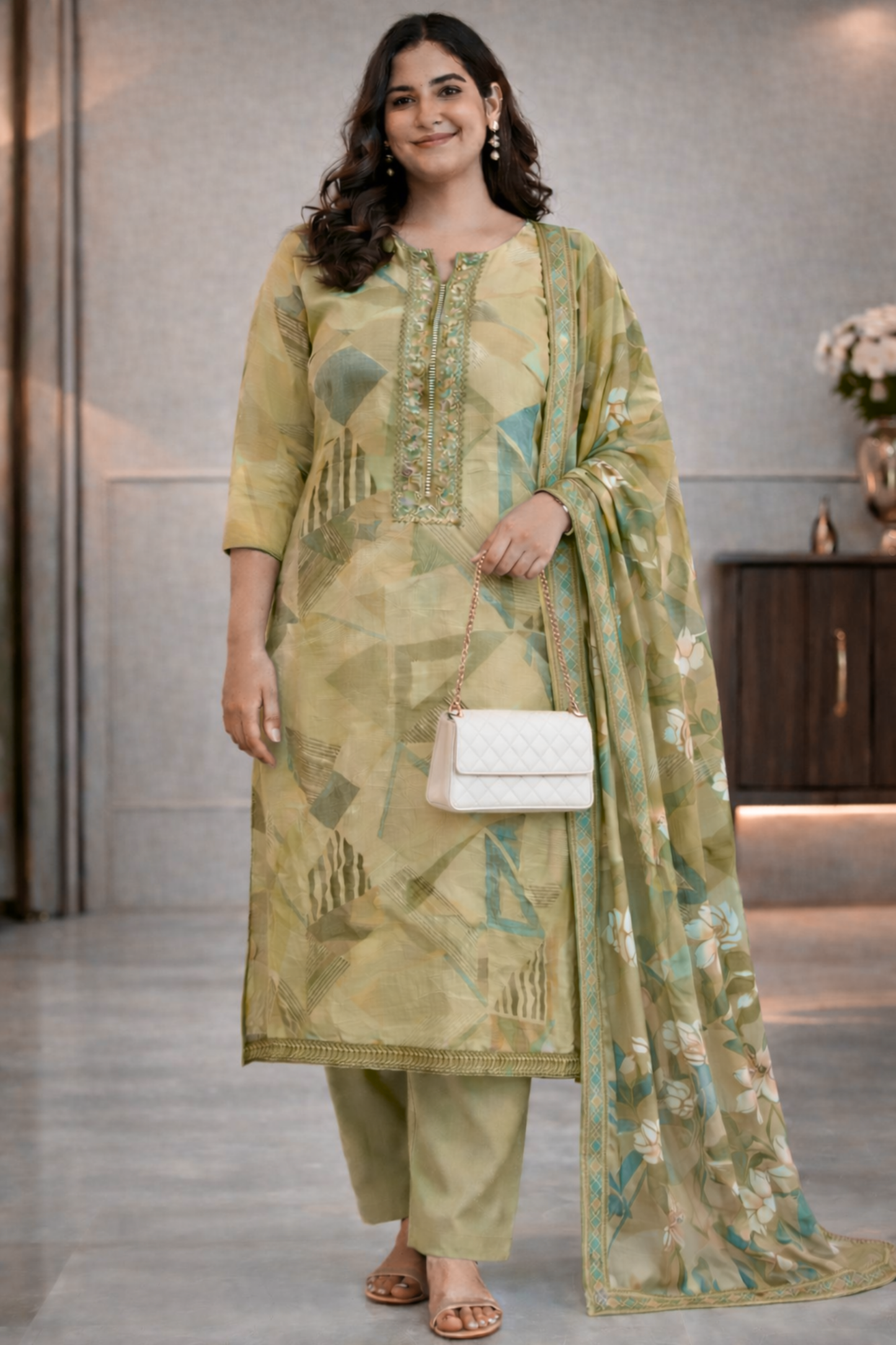 Olive Geometry Muslin Suit with Thread Work