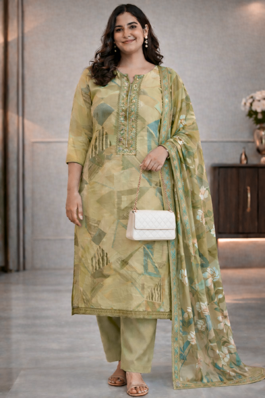 Olive Geometry Muslin Suit with Thread Work